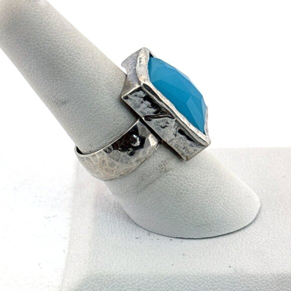 Estate Sterling Silver 925 Hammered Band Blue Rectangular Gemstone Ring Size 8 - Picture 2 of 8
